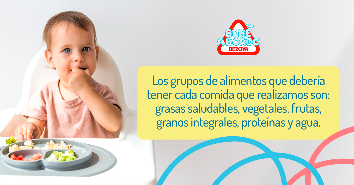 Los grupos de alimentos que debería tener cada comida de un bebé o niño pequeño que realizamos son: grasas saludables, vegetales, frutas, granos integrales, proteínas y agua. 